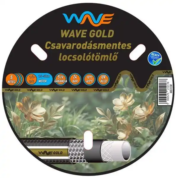 Vedd meg most WAVE GOLD 5 rétegű szöveterősítésű csavarodásmentes kerti locsolótömlő, 1/2" 25m (WG1225) (TFA)