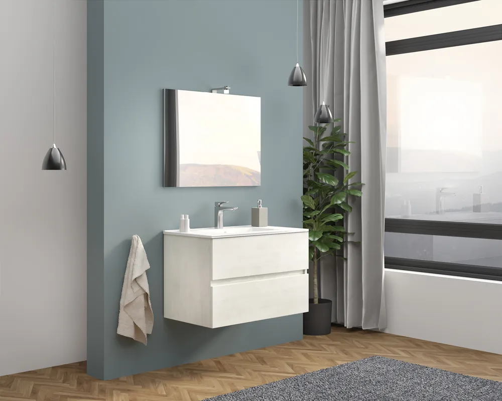 Szezonális akció S-Due, Easy fürdőszoba bútor 80 cm, tükör 80x60 cm, világítás, fehér tölgy, 81x117x46 cm EASY80/RB
