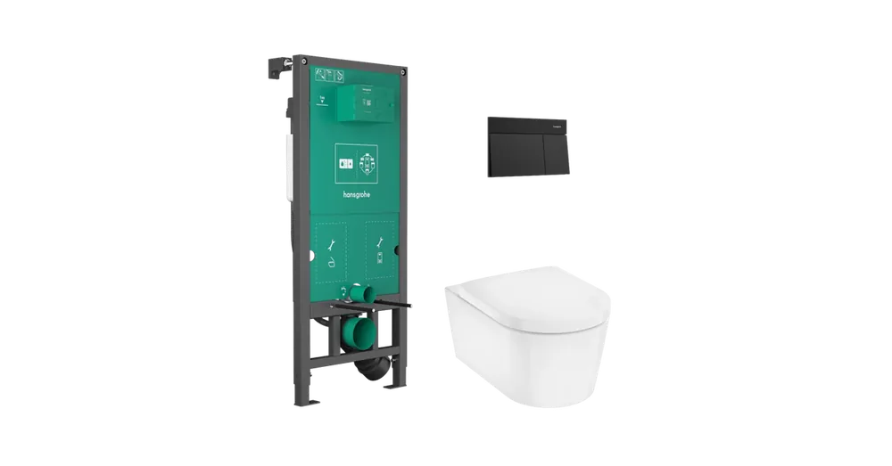 Kiárusítás Hansgrohe EluPura S Teljes WC-szett falsík alatti öblítőrendszerrel, iFrame Element E öblítőlappal, EluPura WC-ülőkével, Matt Fekete 60303670