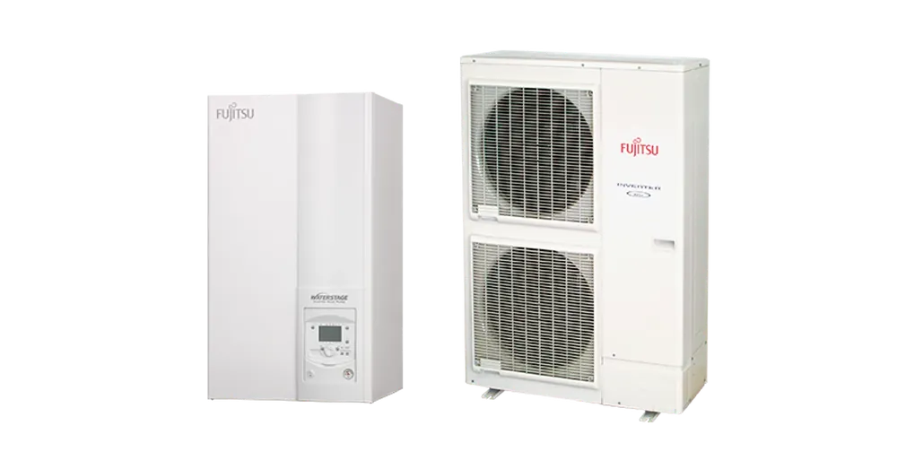 Olcsó Fujitsu Waterstage High Power V2 HP 16/3F WSYK160DG9 / WOYK160LCTA levegő-víz osztott hőszivattyú, 3 fázisú, R410A, (15,2kW)
