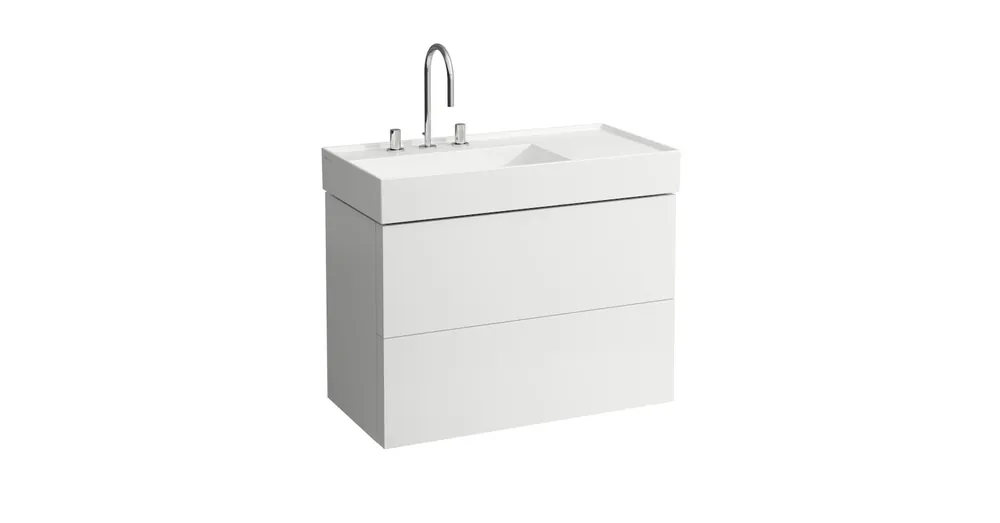 Kedvezményes ár LAUFEN KARTELL BY LAUFEN Alsószekrény két fiókkal, fiókelosztóval, bal polcos 810339 / bal polcos 810338 mosdóhoz, Matt fehér 90X60X45 - H4076180336401