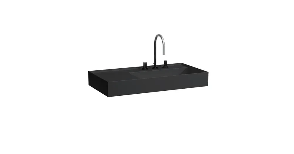 Újdonság LAUFEN Kartell LAUFEN Mosdó bal oldali pulttal, rejtett túlfolyóval, a mosdó alja csiszolt, három csaplyukkal, túlfolyónyílás nélkül, Fekete matt H8183397161581
