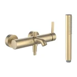 Vedd meg most LAUFEN Kartell LAUFEN Falra szerelt egykaros kád csaptelep, 150 mm-es rögzítési távolsággal, 1800 mm-es flexibilis zuhanytömlővel és TwinStick kézizuhannyal, PVD arany matt H3213370831411