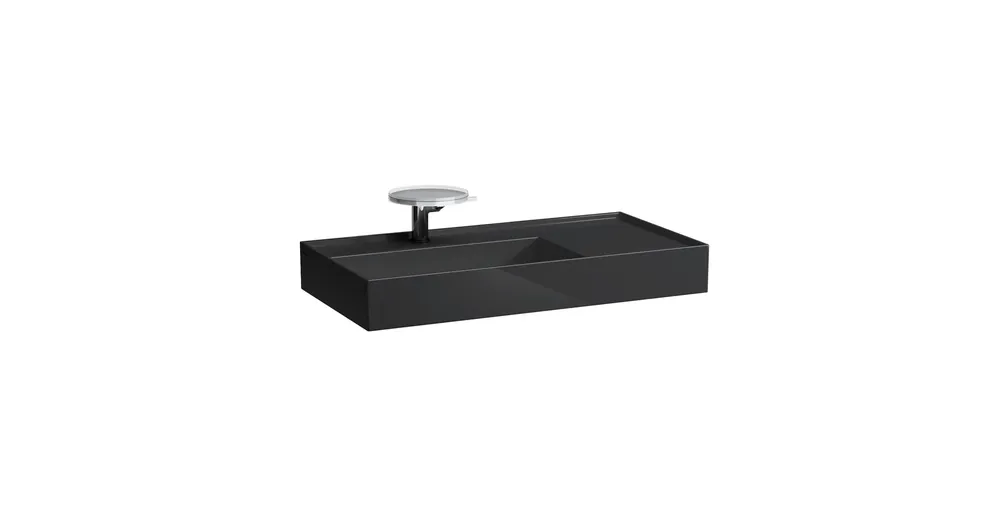 Outlet LAUFEN Kartell LAUFEN Mosdó jobb oldali pulttal, rejtett túlfolyóval, a mosdó alja csiszolt, túlfolyónyílás nélkül, egy csaplyukkal, Fényes fekete H8183380201111