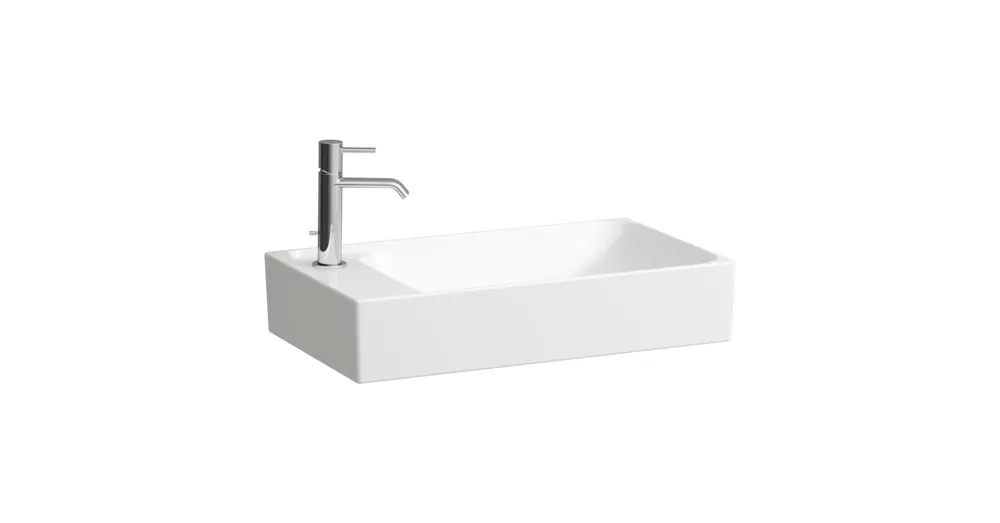 LAUFEN MEDA Kézmosó tál, aszimmetrikus, jobb/bal oldali armatúrapaddal túlfolyónyílás nélkül, 1 csaplyukkal bal oldalon, Fehér H8121130001131 Gyors szállítás