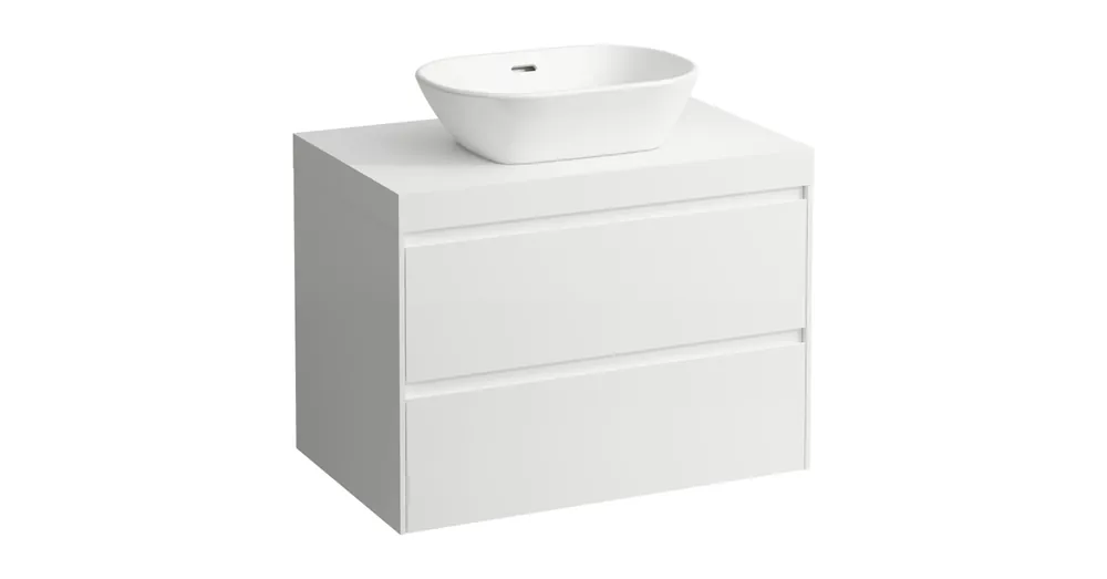Árcsökkenés LAUFEN LANI Moduláris alsószekrény, 80 cm, 2 fiókkal, mosdótartó lap 65 mm vastagsággal, kivágással középen, matt fehér színben, Fényes Fehér H4045511122611