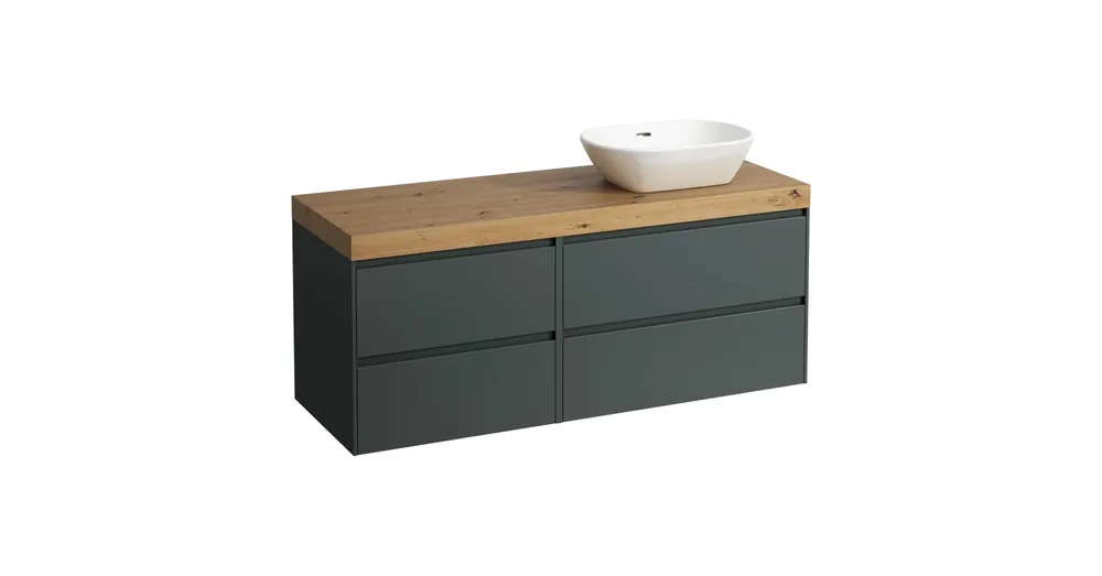 LAUFEN LANI Moduláris alsószekrény, 140 cm, 4 fiókkal, jobb oldalon 80 cm-es 2 fiókos elemmel, bal oldalon 60 cm-es 2 fiókos elemmel, mosdótartó lap 65 mm vastagsággal, kivágással jobb oldalon, .267 tölgy felülettel, Traffic Szürke H4065831122661 Különleges ajánlat