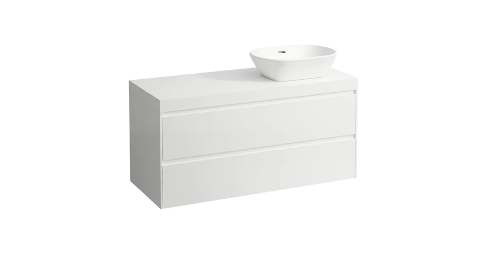 LAUFEN LANI Moduláris alsószekrény, 120 cm, 2 fiókkal, mosdótartó lap 65 mm vastagsággal, kivágással jobb oldalon, matt fehér színben, Matt Fehér H4045731122601 Legnépszerűbb