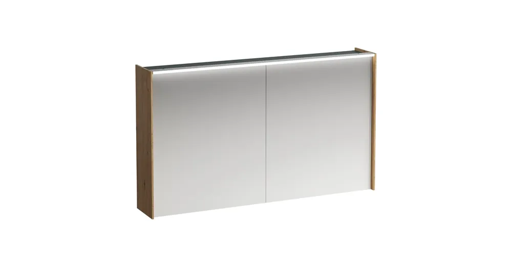 Bestseller LAUFEN LANI Tükrös szekrény, 120 cm, 2 ajtóval, vízszintes LED világítással, 2 üveg polccal, 1 dugaljjal, Vad Tölgy H4038221122671