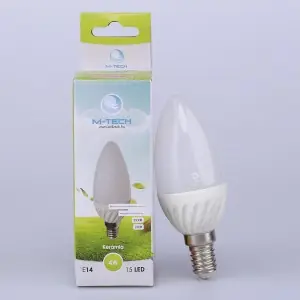 M-Tech E14 Candle 15 LED SMD 230V, 4W, 320Lm Hideg Fehér 6500K, Kerámia 3036, MTL469 led izzóM-tech Vedd meg most
