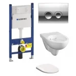 Újdonság Geberit Duofix Basic 111.153.00.1 szerelő elem kompletten króm nyomólappal, Geberit 500.265.00.1 perem nélküli wc-vel, lassú záródású ülőkévelGeberit