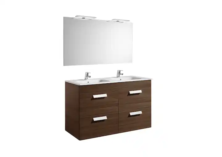Roca Pack Debba Standard alsószekrény négy fiókkal, dupla mosdóval, tükörrel és spotlámpával LED, textúrázott wenge A855989154Roca Ne maradj le