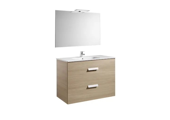 Vedd meg online Roca Pack Debba Standard 1000 alsószekrény két fiókkal, mosdóval, tükörrel és spotlámpával LED, textúrázott tölgy A855988155Roca