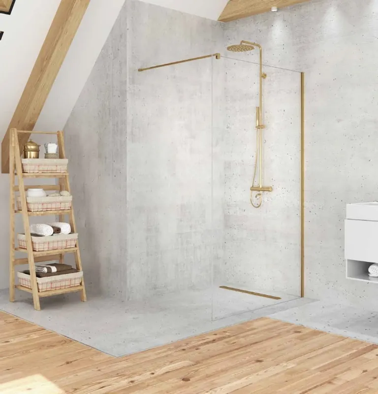 Ajánlat New Trendy Velio Satin gold Walk-in zuhanyfal arany színű profillal 140 cm D-0201BNew Trendy