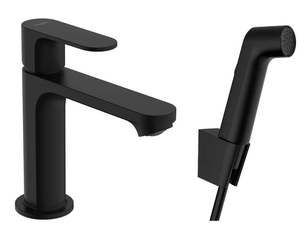 Prémium Hansgrohe Rebris S egykaros mosdócsaptelep 110 bidette zuhannyal és zuhanycsővel 160 cm lefolyógarnitúra nélkül, matt fekete 72215670Hansgrohe