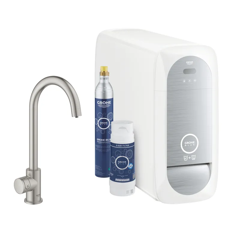 Szuper ajánlat GROHE Blue Home C-kifolyós kezdőkészlet Mono csapteleppel (nem keverő csaptelep -csak szűrt vízre), supersteel 31498DC1Grohe